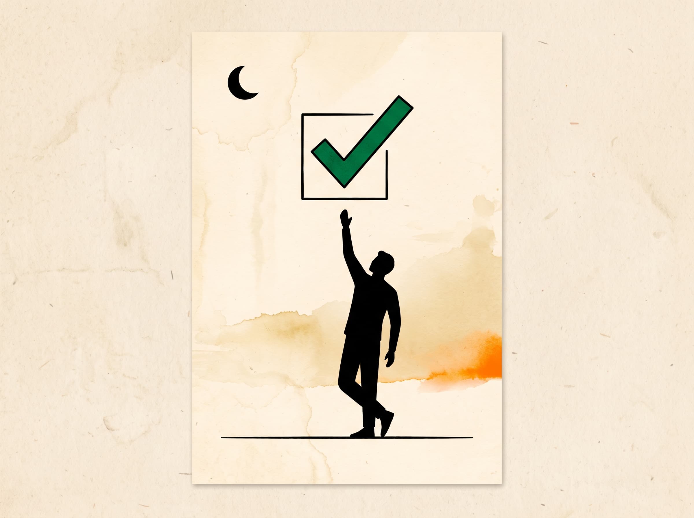 Un homme coche une case au crépuscule, sous un croissant de lune, illustration